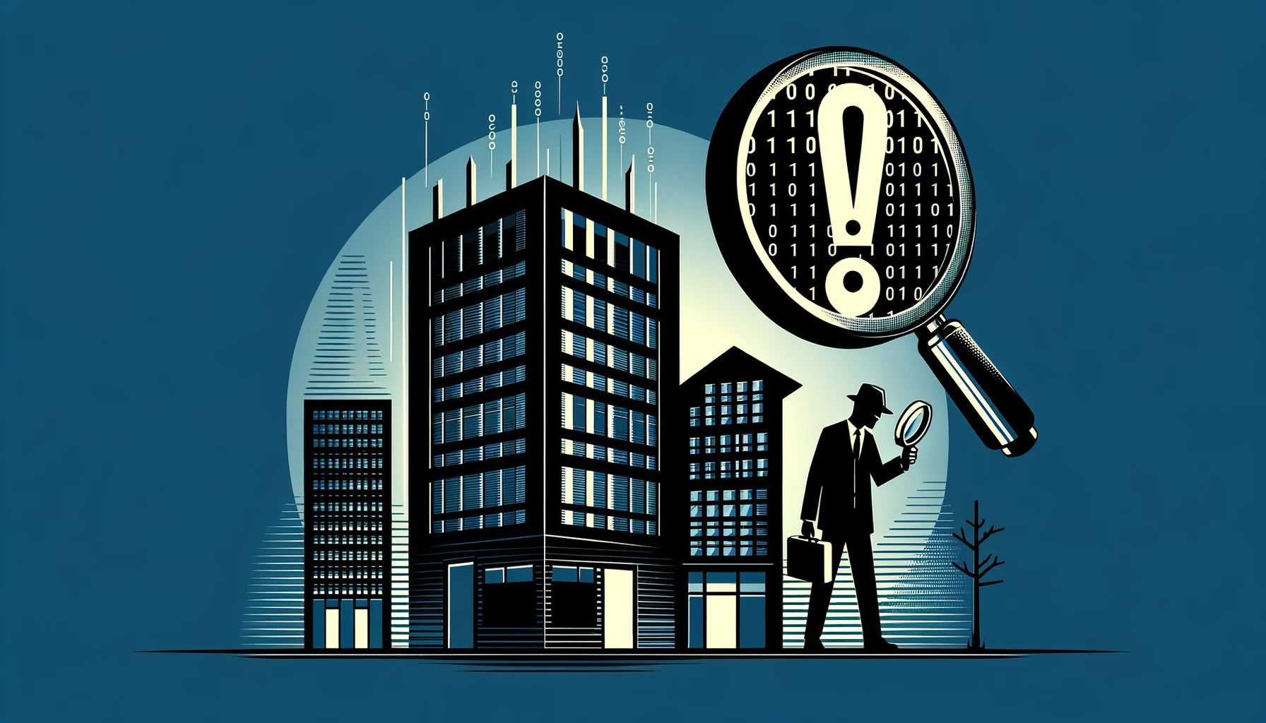 A simple image depicting a forensic investigation by a company following a data breach. The design features the silhouette of an engineer with a magnifying glass in front of a corporate building, examining data and binary codes (0s and 1s). A warning symbol, an exclamation mark, is prominently featured in the background, emphasizing the seriousness of the data breach. The color scheme primarily includes shades of blue and black, creating a professional and solemn atmosphere. The image should convey the meticulous and urgent nature of forensic investigations in a corporate context.