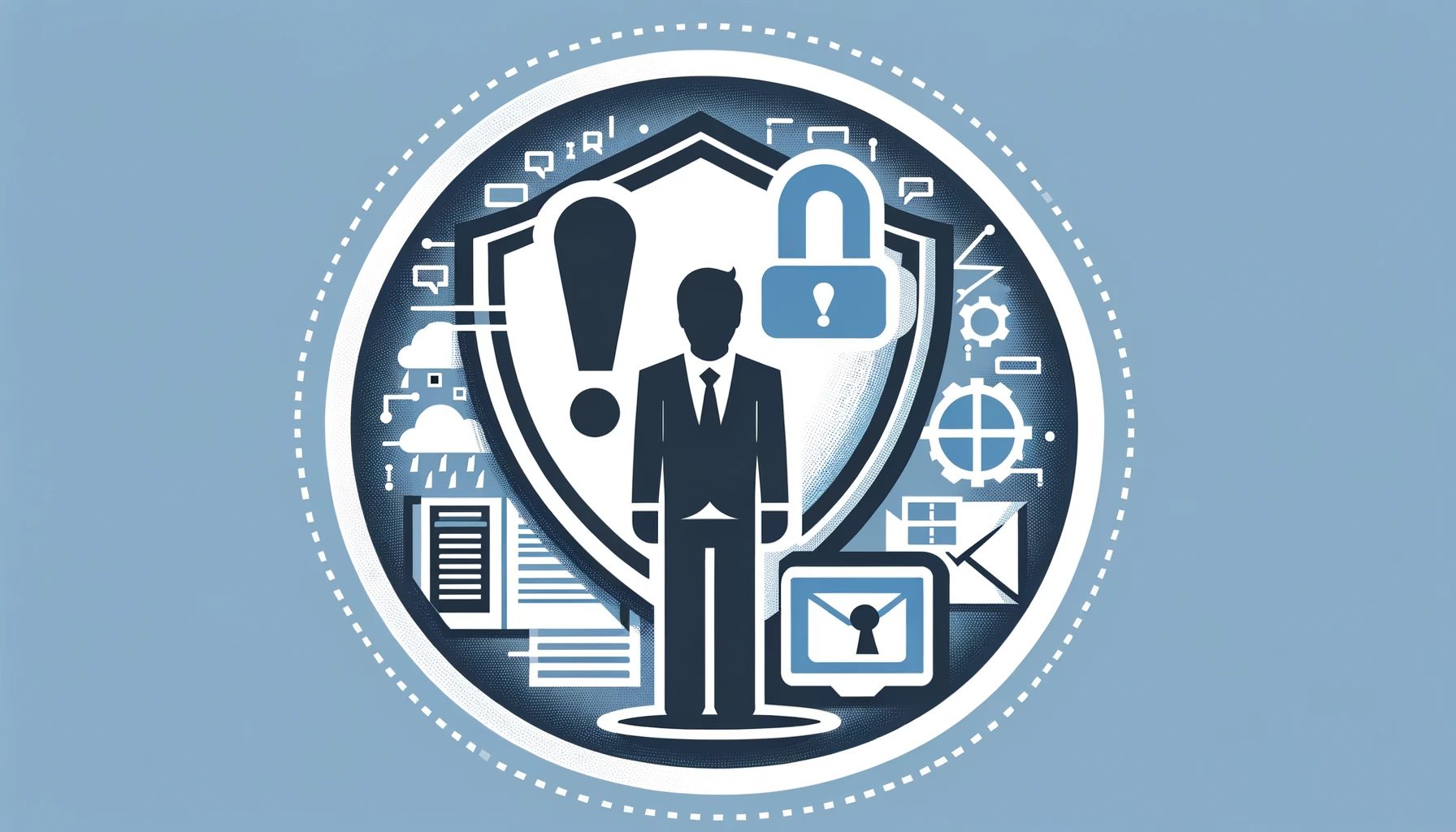 A simple image representing a company complying with the revised Personal Information Protection Law. The background prominently features a warning symbol, an exclamation mark, to emphasize the seriousness of data breaches. The design should subtly incorporate elements that symbolize privacy protection, such as a shield or a lock, integrated with a corporate environment. The color scheme should be professional, using shades of blue and grey to convey a sense of security and responsibility.