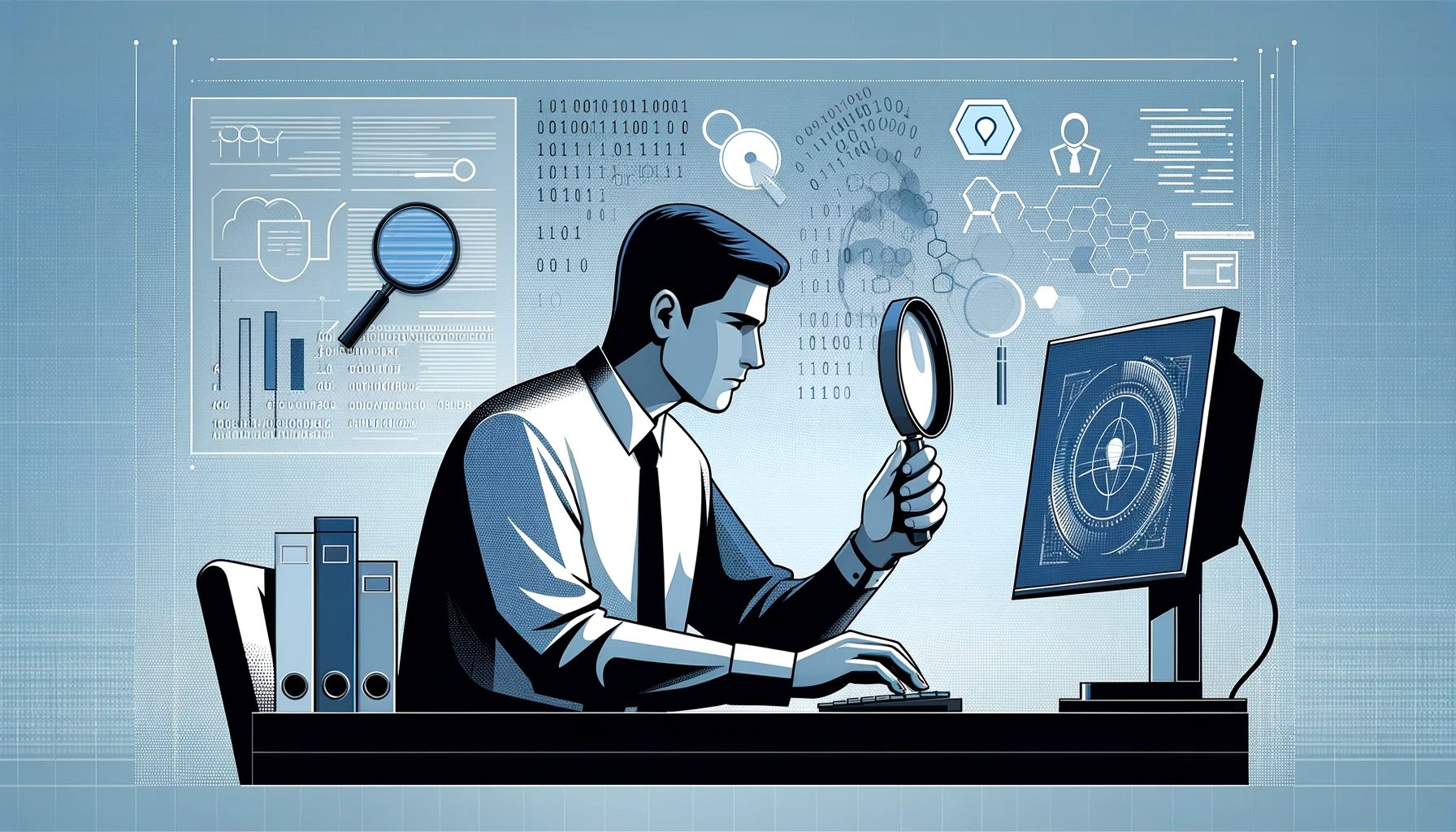 A simple image of a forensic investigation engineer identifying the cause of an incident. The image should depict an engineer in a professional setting, engaged in analyzing data on a computer screen, with digital forensic tools and symbols such as magnifying glass, binary code, and digital graphs. The engineer appears focused and meticulous. The background is minimalistic, emphasizing the concentration and seriousness of the task. The color scheme should be subtle, using shades of blue, grey, and white to convey a technological and analytical atmosphere.