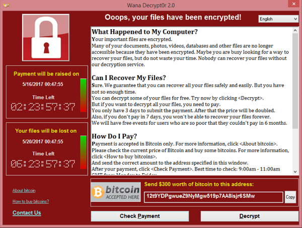 2010年代を代表するランサムウェア「WannaCry（ワナクライ）」の感染画面