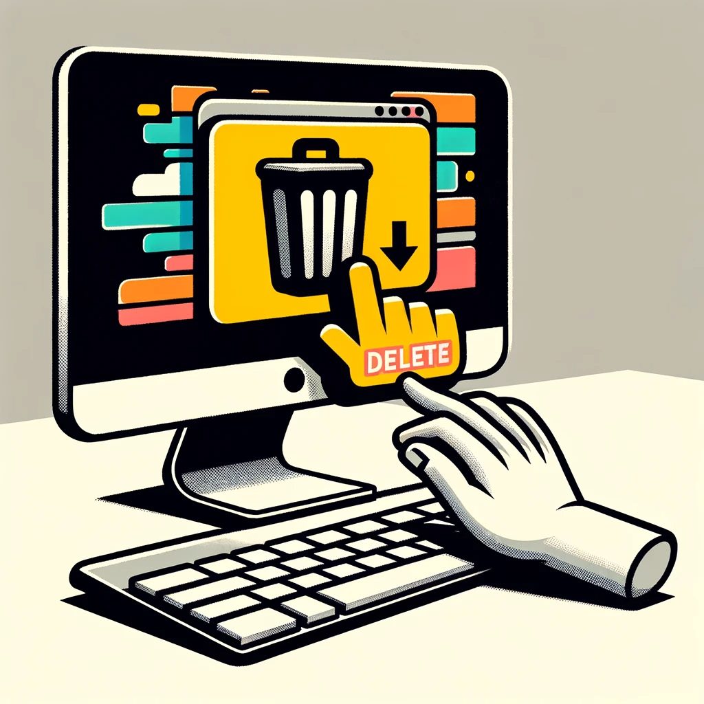 A simplistic and stylized illustration showing the concept of deleting data on a computer. The image features a large, cartoon-style computer monitor with a brightly colored screen displaying a simple trash can icon. Next to the monitor, a hand is depicted pressing a large, clearly labeled 'Delete' button on a keyboard. The background is minimalistic and monochromatic to keep the focus on the main elements. The style is clean, with bold lines and flat colors, reflecting a modern, digital art aesthetic.