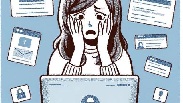 A simple, textbook-style illustration showing a woman in distress after accidentally inputting her personal information into a fake website. The style should be clear and easy to understand, with distinct lines and simple colors, resembling an educational textbook illustration.