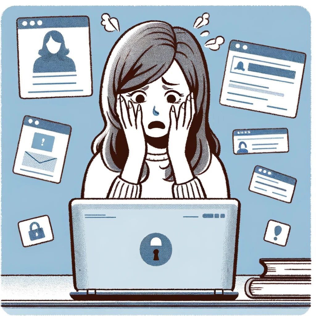 A simple, textbook-style illustration showing a woman in distress after accidentally inputting her personal information into a fake website. The style should be clear and easy to understand, with distinct lines and simple colors, resembling an educational textbook illustration.