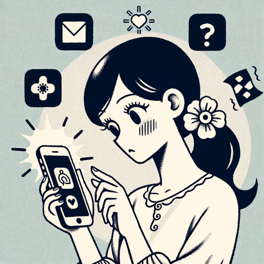 A very simple illustration depicting a woman who has accidentally installed an app, blending elements of children's book illustrations and old-style shoujo manga. The design should be minimalist, combining the whimsical, clear style of children's illustrations with the distinctive features of classic shoujo manga.