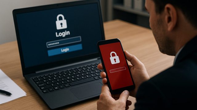 オフィス内でログイン画面の表示されたノートパソコンに不正アクセスを試みるフード姿の人物