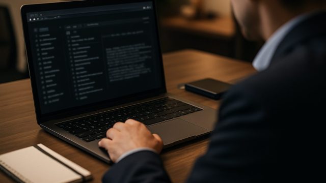 ダークウェブで流出した企業情報を調査する専門家の手元とPC画面