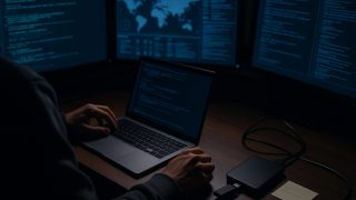 暗い室内でPCと複数モニターを操作し証拠保全作業を行う手元