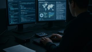 ダークウェブ調査のため複数モニターで証拠保全作業を行うオフィス風景