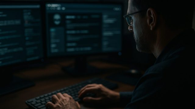 暗いオフィスでダークウェブを調査する専門家の手元とPC画面