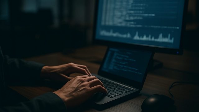 ダークウェブでの情報流出を調査するオフィスの手元とモニター光景